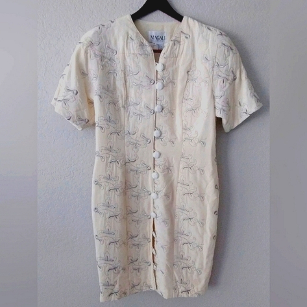 Vintage Magali Silk Midi Dress Womens 10 Quilted Embroidered Bridal Buttons